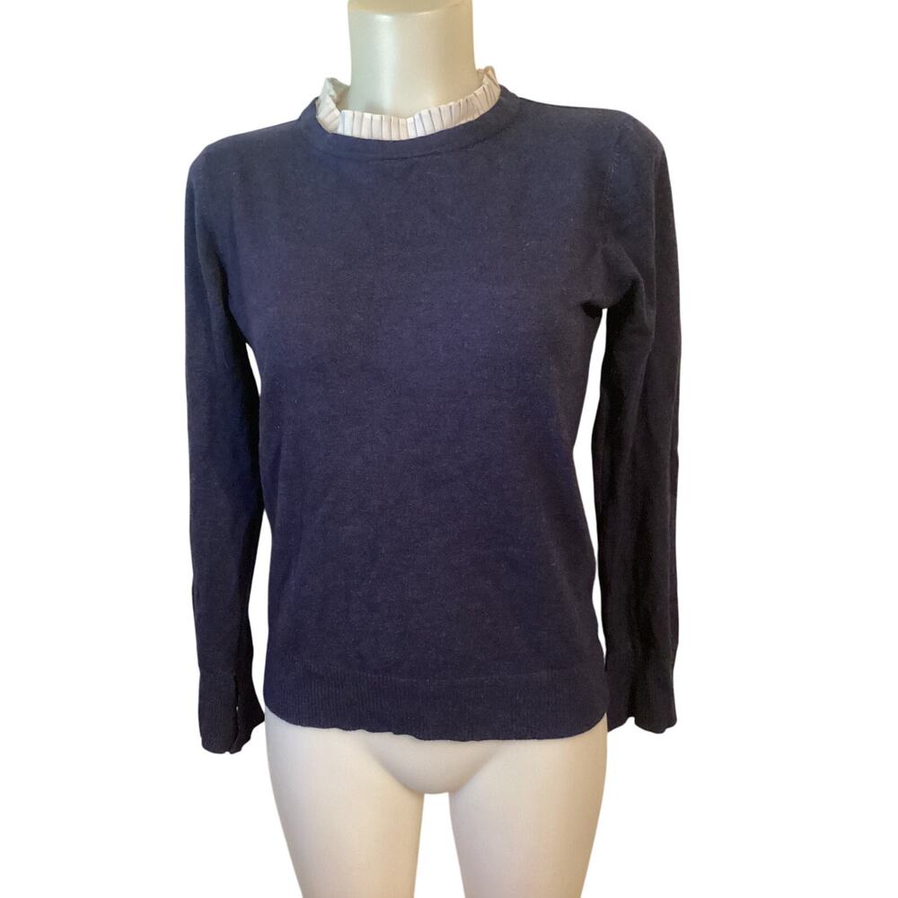 5041 Vila Milano Women Pullover Long Sleeve Sweater Ruffle Neck Navy Blue Medium